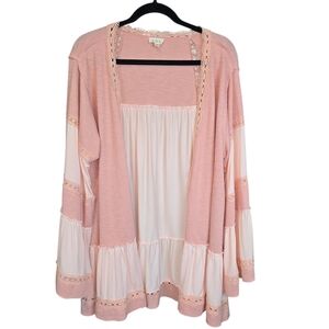 POL Open-Front Lace Trim Flowy Tiered Boho Cardigan Top Pink & Cream Size Medium